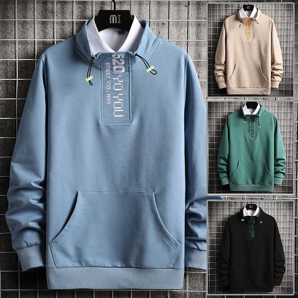 

stand hoodies sweatshirt men casual men's clothing drawstring neckline blue hoodie oversized basic mens embroidery sweatshirt, Black