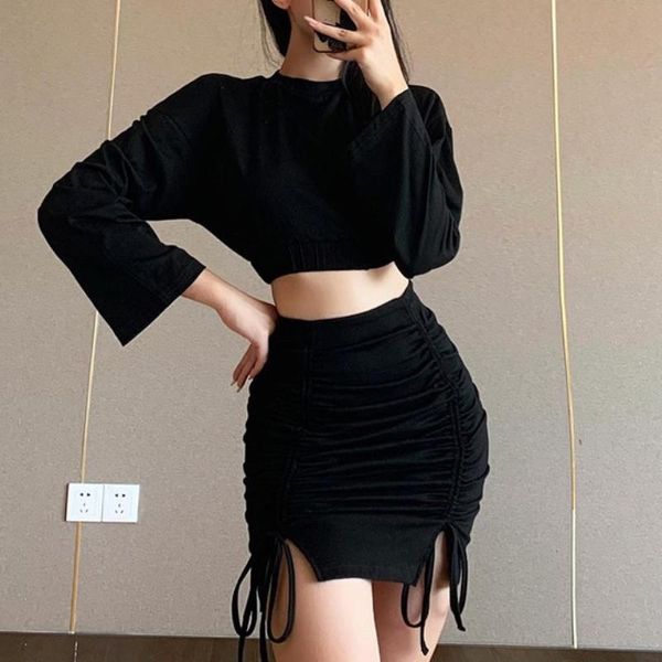 

2pcs women long sleeve crop ruched side drawstring skirt bodycon dress crop and mini skirt summer, Gray
