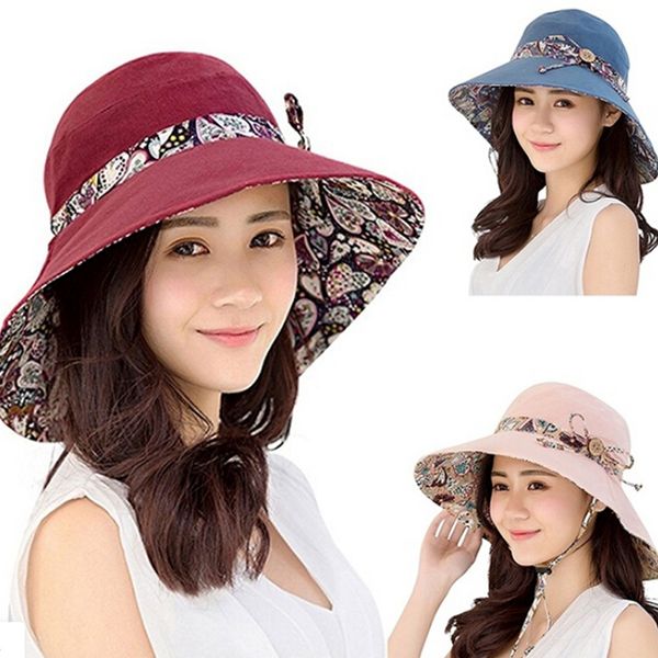 

1pc women summer beach travel bowknot wide brim sun hat reversible foldable cap, Blue;gray
