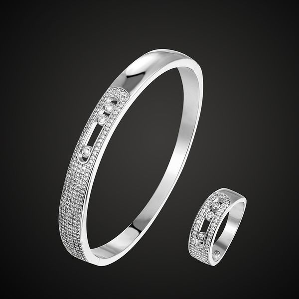 

fateama brand messeka luxury micro pave setting bangle with ring wedding jewelry sets bracelet women aneis pulseira bijoux, Golden;silver