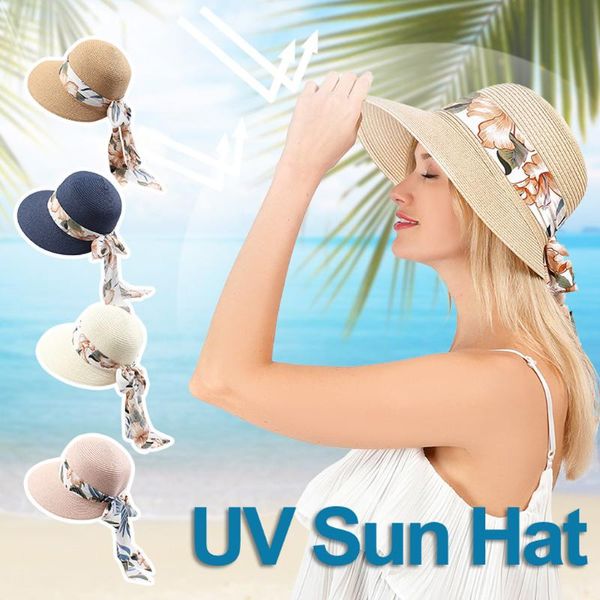 

woman's sun straw hat female bowknot summer cap casual foldable roll up floppy uv protection beach hats 2020, Blue;gray