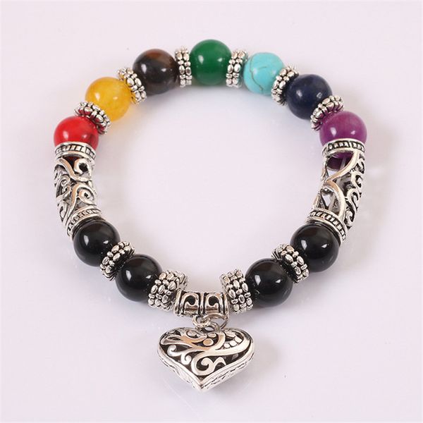 

of seven color chakra beads, handmade peach heart, 10 mm beaded bracelet accessories, punk gift package, Black