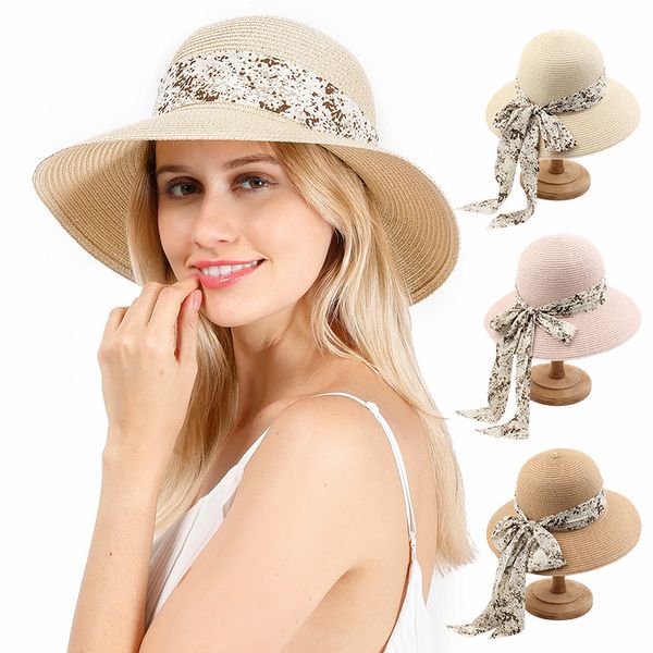 

elifashion summer straw hat women wide brim beach hat foldable sun block uv protection bone bow ribbon fashion for women, Blue;gray