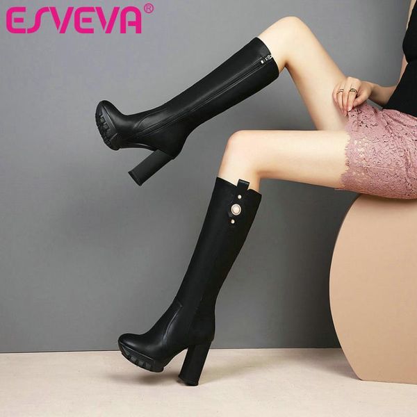 

esveva 2021 western style square high heel pu leather knee high boots women boots shoes pointed toe zipper size 34-43, Black