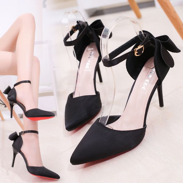 

spring and summer korean style sweet bowknot high heels a- line buckle strap thin heeled high heel baotou sandals pink wedding shoes, Black