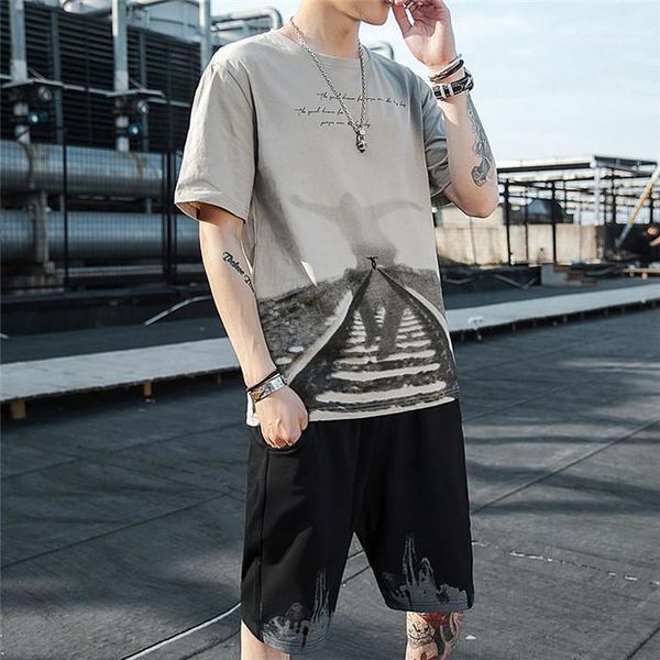 

male designer clothes casual mens summer tracksuit print short sleeve crew neck tshirt loose shorts, Gray