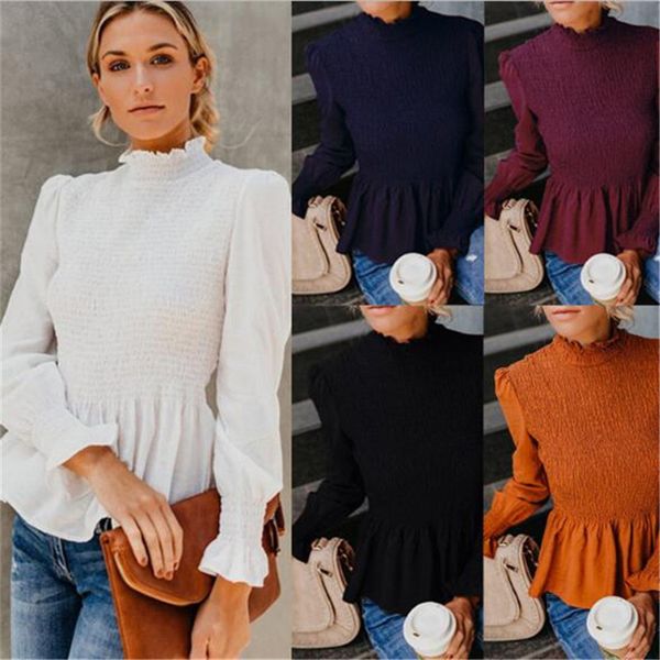 

women pleated shirt blouses long sleeve chiffon solid color ruffle neck fashion pleat shirts ladies elegent boutique clothing ly810, White