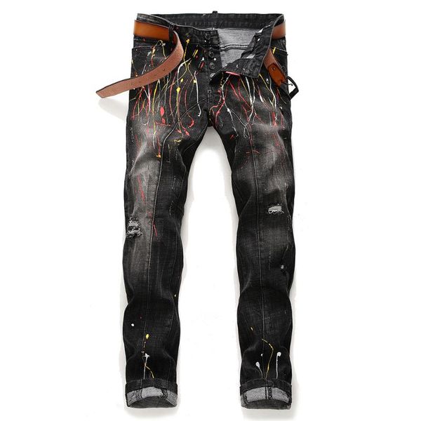 

men's jeans fashion stitching skinny autumn winter ripped hole paint spray black beggar pants colored painted stretch, Blue