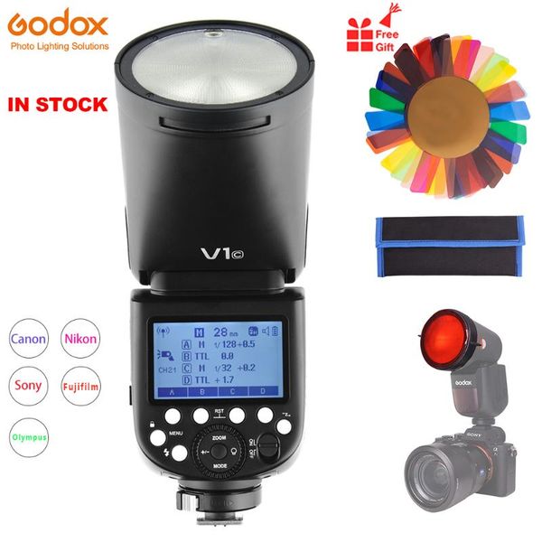

instock godox v1 round head вспышка speedlight v1c v1n v1s для камеры flashlightl hss батареи