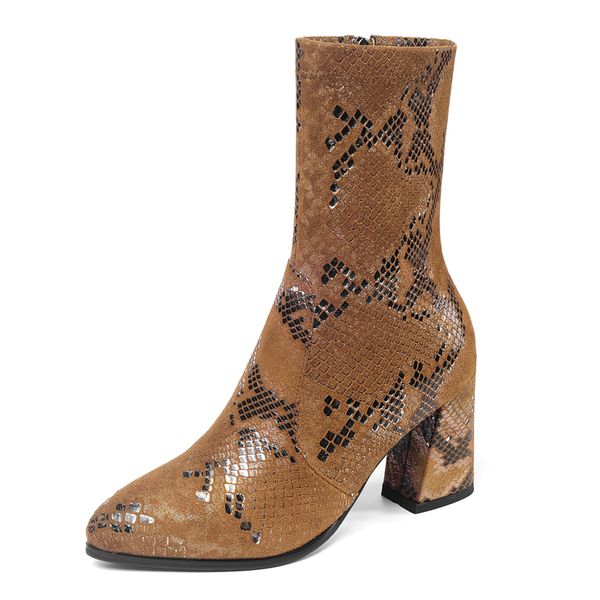 

snake pattern mid-calf boots autumn winter women high thick heels ladies fashion shoes g277 black brown zipper pointed toe boots