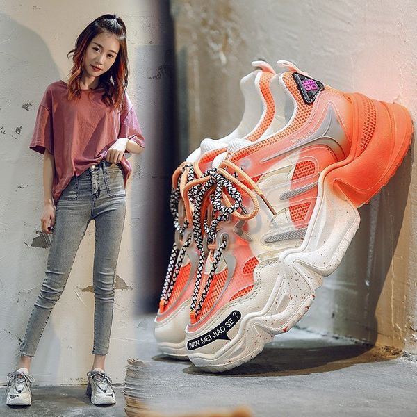 

new autumn sneakers women shoes breathable mesh net casual shoes lace up thick bottom high heels platform round toe woman, Black