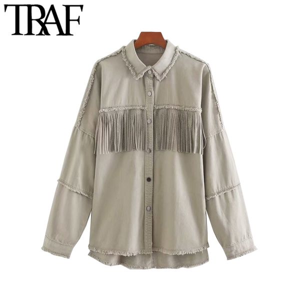 

traf women fashion oversized frayed with fringe denim jacket coat vintage long sleeve tassel female outerwear chic, Black;brown