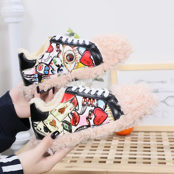

2020 new winter loafers women's flat shoes keep warm graffiti fuzzy shoes female lazy women's fleece zapatos mujer, Black