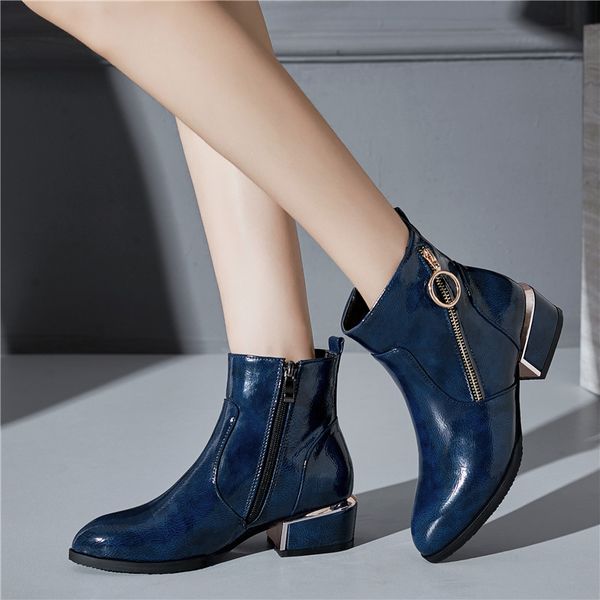 

ymechic fashion pu patent leather ankle booties 2020 woman blue black wine red zipper medium chunky heels ladies shoes plus size