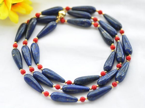 

z10395 42" 30mm blue drip lapis-lazuli red coral bead necklace, Silver