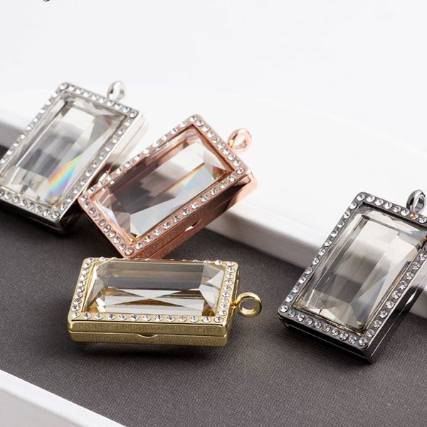 

new punk iced out crystal floating locket glass living memory p locket pendants necklace without chain for women men jewelry, Silver
