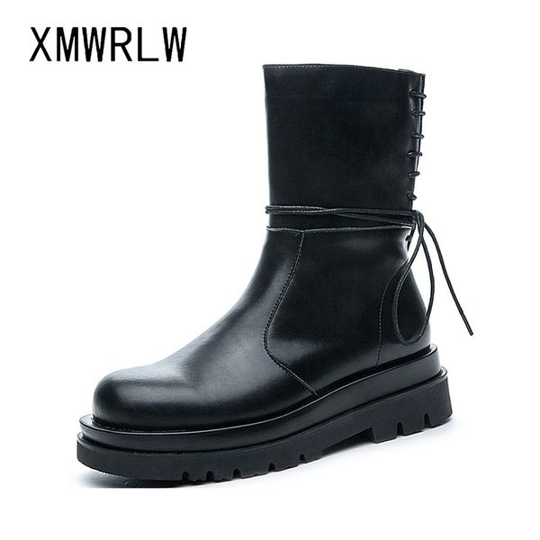 

xmwrlw women's mid-calf boots 2020 autumn genuine leather ladies boots fashion cross-tied women thick sole boot autumn shoes, Black
