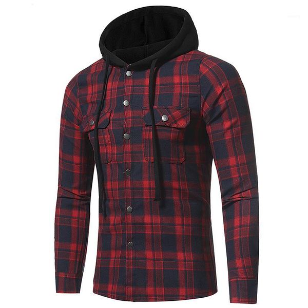 

plaids hooded single breasted shirts autumn spring long sleeved men casual shirts, White;black