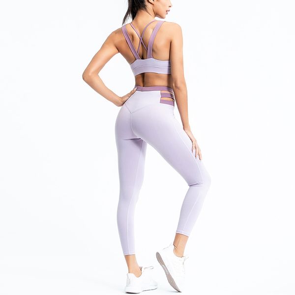 

2 piece outfits legging + sports bra yoga sets naked feeling splicing hollow high waist gym set cross back women workout clothes, White;red