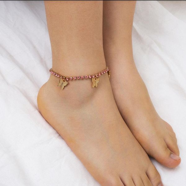 

5 colors butterfly ankle bracelet rhinestone crystal anklets for women sandals beach foot leg bracelets boho female jewelry t200901, Red;blue