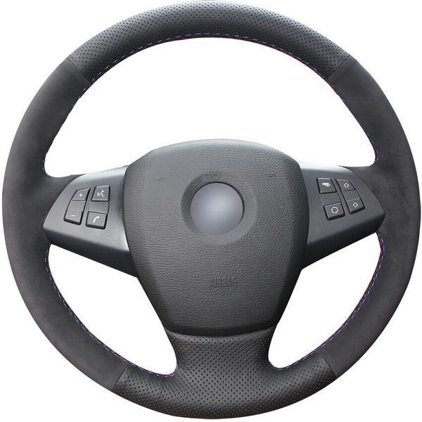 

black leather black suede car steering wheel cover for bmw e70 x5 2007-2011