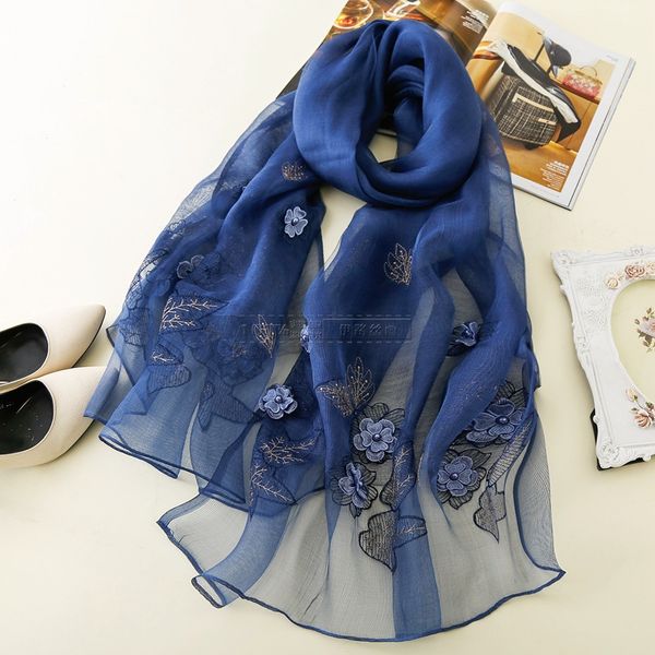 

195cm*80cm solid color drilling pearl embroidered 50% silk and 50% wool scarf beautiful girl long and soft girlfriend gift, Blue;gray