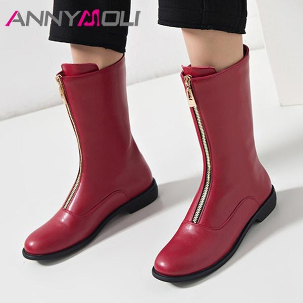 

boots annymoli med heel woman mid calf chunky shoes zip round toe female autumn winter black beige big size 46