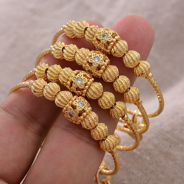 

24k 4pcs small bangle for girls/baby gold color charm ethnic bracelet bell hollow beads jewelry for child party gifts, Black