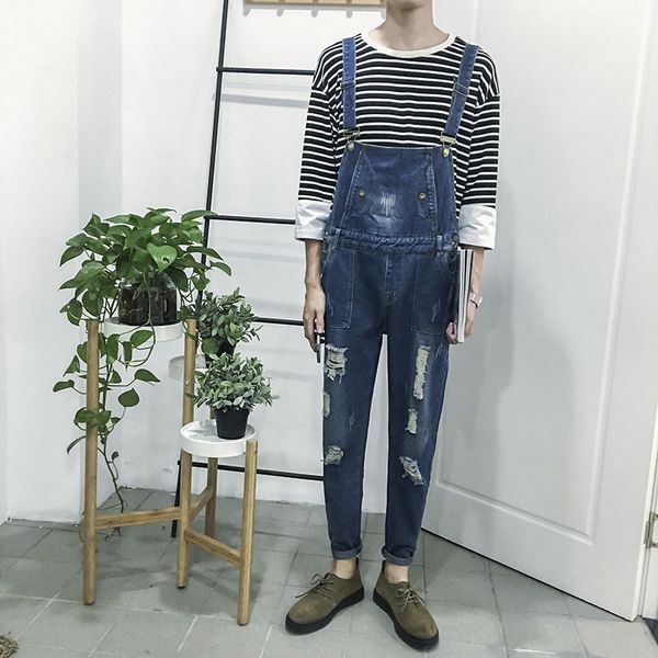 

2020 spring autumn fashion brand overalls casual bib jeans for men male ripped denim jumpsuit, Blue