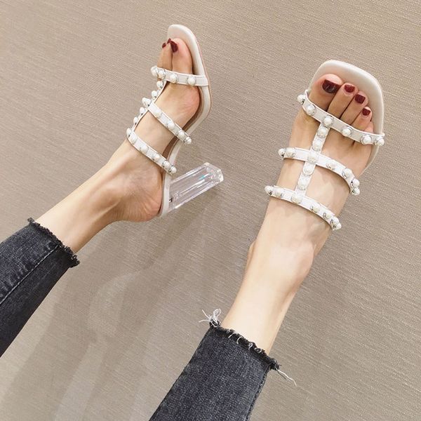 

sandals string bead studs transparent heels women cut-out open toe slippers height 7/9 cm high pearl sandalias femme 2021, Black
