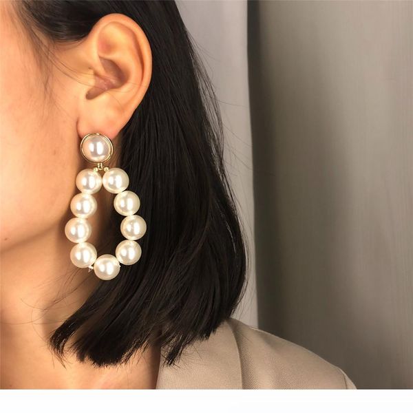 

temperament handwork exaggeration pearl beading womens earrings simplicity individuality geometric pearl ear stud pop party jewelry, Silver