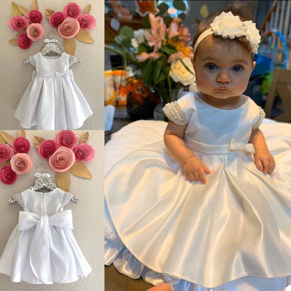 

adorable pearls cap sleeve christening dresses with bow sash satin handmade toddler baptism gowns kids first communication dress, White