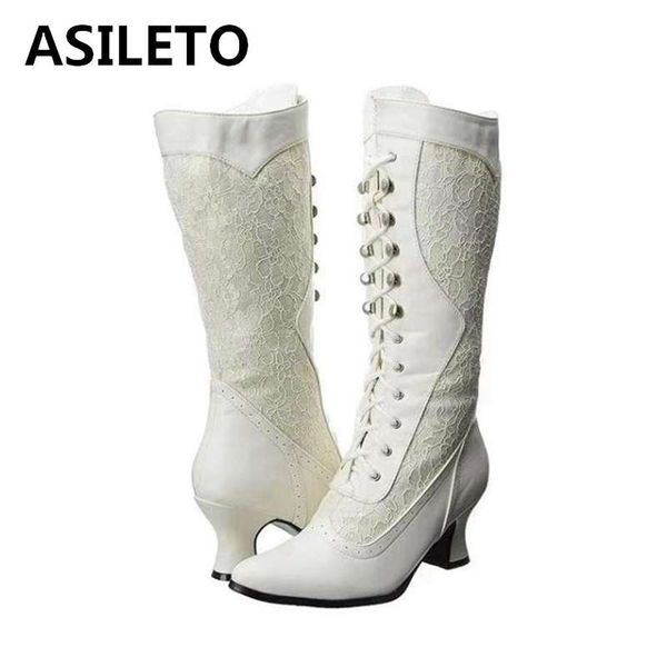

asileto long boot shoes woman pointed toe lace up brogue shoe lace riding booties low heels footwear size 32-43 white black