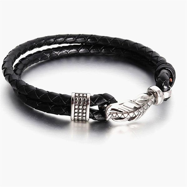 

multi-layer genuine leather leaf feather bracelet for men stainless steel magnetic clasp fashion bangles male jewelry, Black