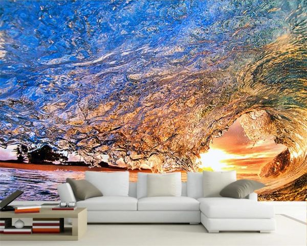 3D Seascape Papel de parede romântico Nascer do sol ondas lindas do leste do mar HD Superior interior decorações Papel de parede