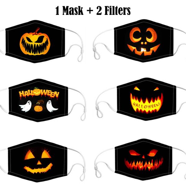 

halloween 3d printed cotton face mask with 2 filters anti dust washable reuseable party masks pumpkin spider ghost pattern kids face cover