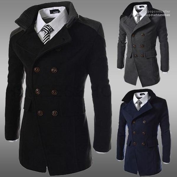 

long sleeve mens cloth mens designer coats fashion lapel neck thick winter mens coat double breasted, Black