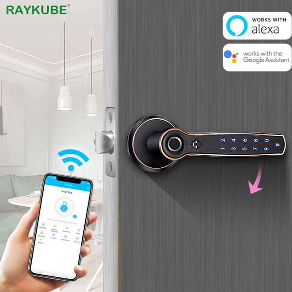 

raykube electronic door lock fingerprint bluetooth lock wifi gateway support ai voice command alexa google smart