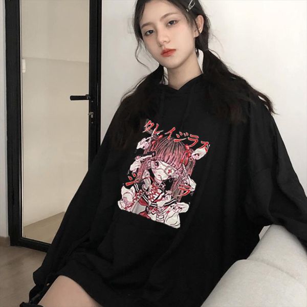 

anime cartoon printed hooded loose women pullover long sleeve sweatshirt spring autumn vintage black clothes tracksuit
