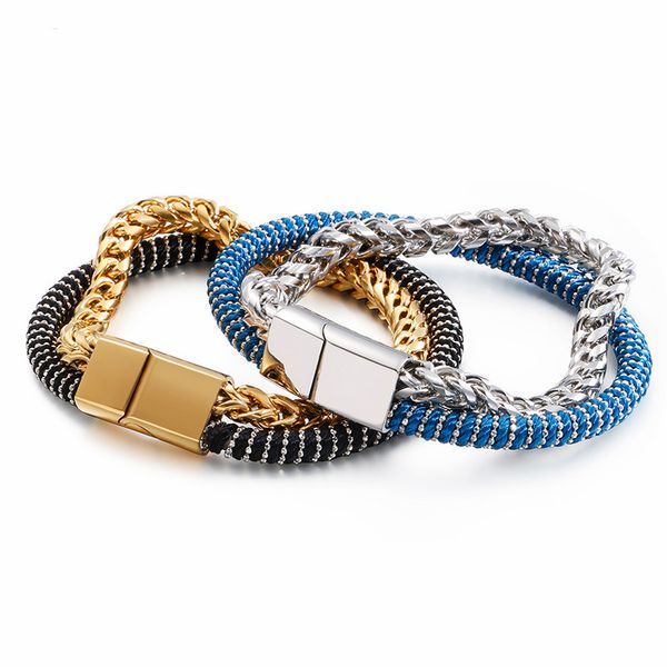 

link, chain punk gold & link bracelets for men 21.5cm black blue leather double layer hip hop jewelry 2021