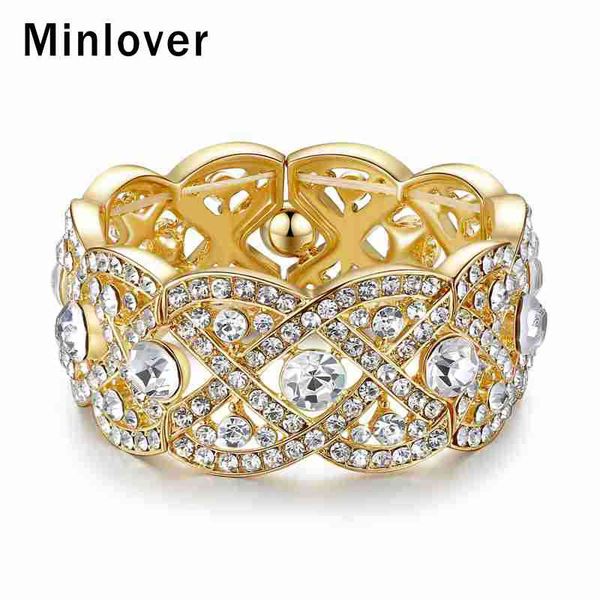 

minlover gold color crystal big bangles for women luxury flower rhinestone bridal bracelet wedding jewelry accessories sl053, Black