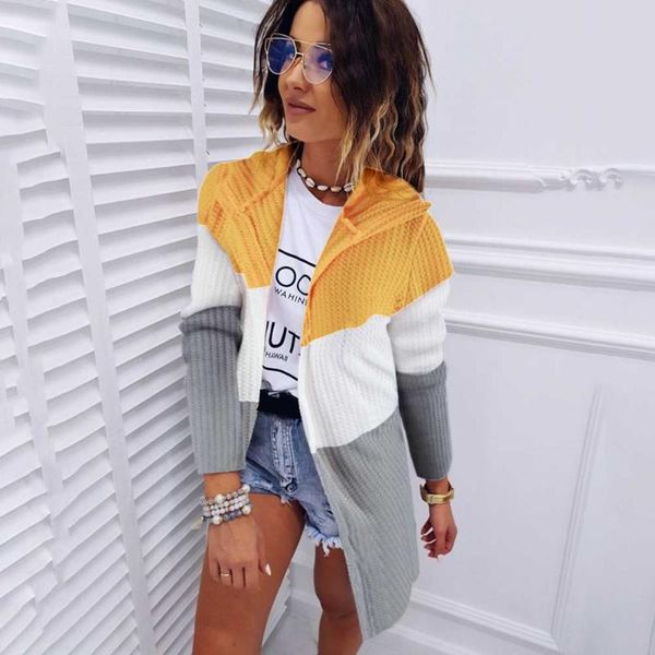 

long sleeve casual patchwork slim fit outwear autumn hooded open front knitted daily women cardigan fashion ladies colorblock, Black;brown