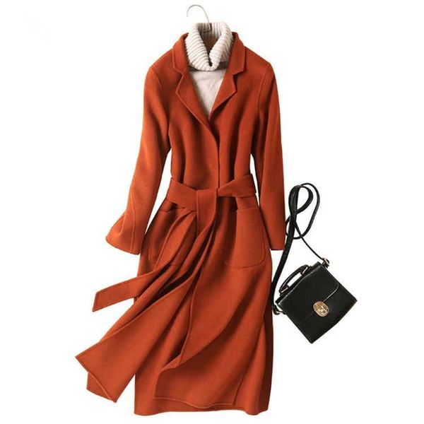 

women 2020 autumn winter 100% cashmere coat double sided wool overcoat female casual warm jacket elegant solid long outwear t152, Black