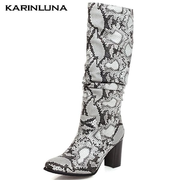

karin concise round toe snake print mixed colors women shoes new arrivals square thick heels pleated knee high boots, Black
