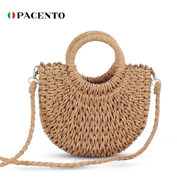 

pacento bamboo handbags for women 2020 half moon round beach bags summer beach straw rattan bags female shopping tote purses bag