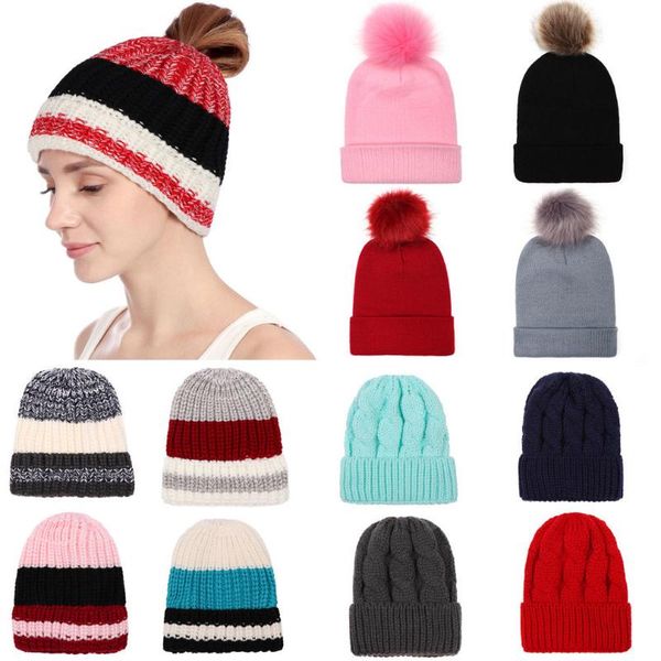 

15 colors available women tail messy soft crochet winter warm beanie large pom pom hat stretchy knitted fashion cap, Blue;gray