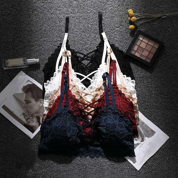 

camisoles & tanks 2021 anti-exposure lace girl underwear wrapped chest adjustable shoulder strap solid color hollow jacquard triangle c, Black;white