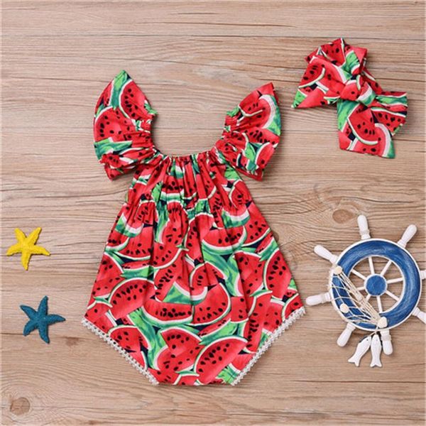 

2019 new baby girl bodysuits cute newborn baby girls watermelon bodysuit headband clothes sunsuit cotton o neck baby bodysuit, Blue