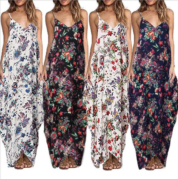 

dress womens designer dresses floral printed sleeveless long dress loose pullover camisole v neck casual, Black;gray