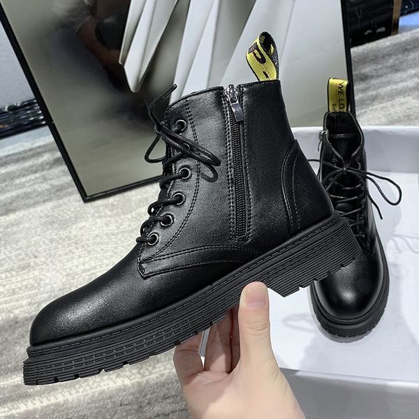 

boots 2021 winter women ankle fashion lace up round toe short low heel for botas mujer, Black